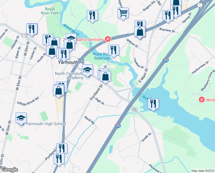 map of restaurants, bars, coffee shops, grocery stores, and more near 84 Main Street in Yarmouth