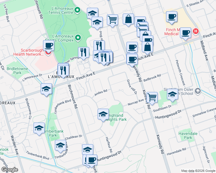 map of restaurants, bars, coffee shops, grocery stores, and more near 98 Castle Hill Drive in Toronto