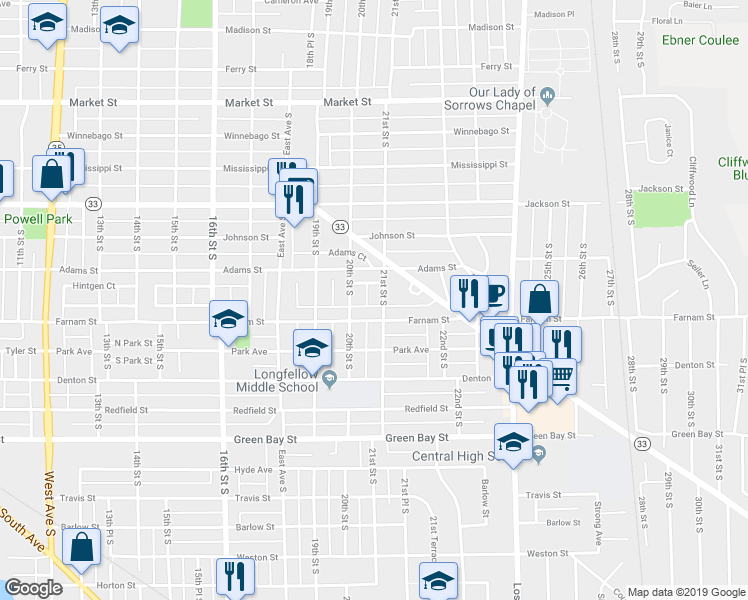 map of restaurants, bars, coffee shops, grocery stores, and more near 1230 21st Street South in La Crosse
