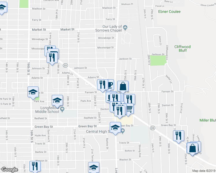 map of restaurants, bars, coffee shops, grocery stores, and more near 1233 22nd Drive South in La Crosse