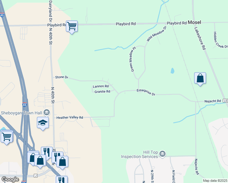 map of restaurants, bars, coffee shops, grocery stores, and more near 3505 Granite Road in Sheboygan
