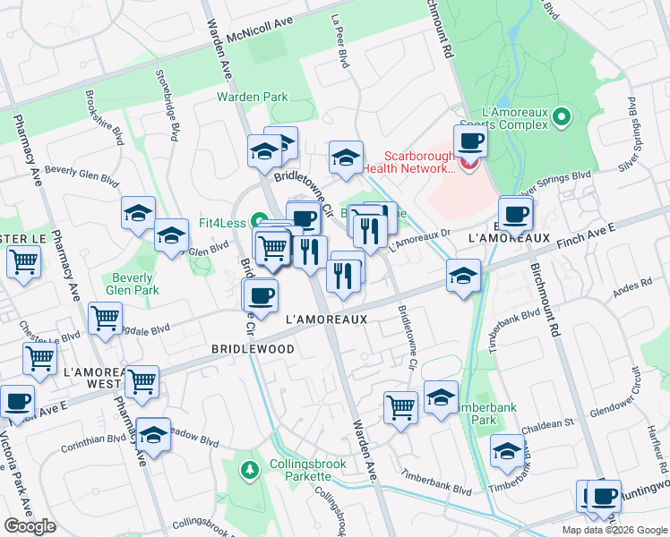 map of restaurants, bars, coffee shops, grocery stores, and more near 100 Echo Point in Toronto