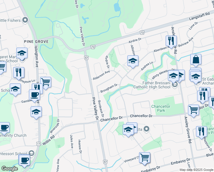 map of restaurants, bars, coffee shops, grocery stores, and more near 52 Brougham Drive in Vaughan