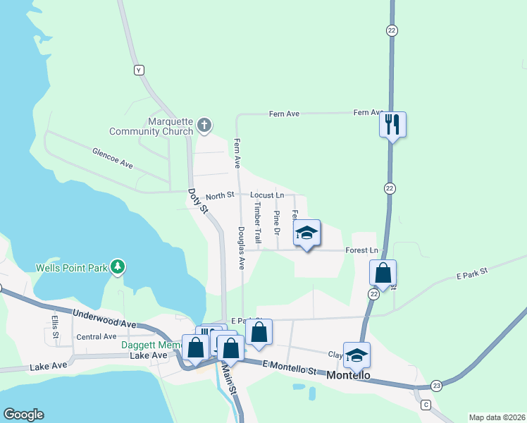 map of restaurants, bars, coffee shops, grocery stores, and more near 88 Timber Trail in Montello