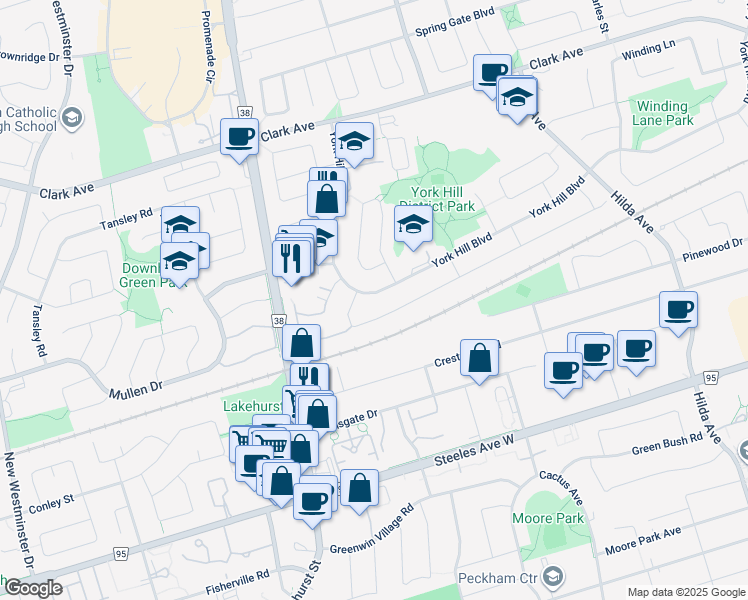 map of restaurants, bars, coffee shops, grocery stores, and more near 227 York Hill Boulevard in Vaughan