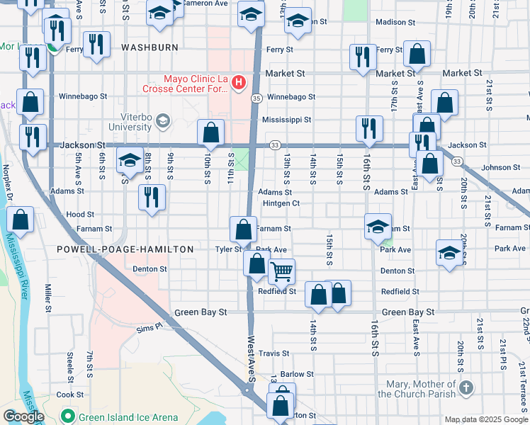 map of restaurants, bars, coffee shops, grocery stores, and more near 1205 Hintgen Court in La Crosse