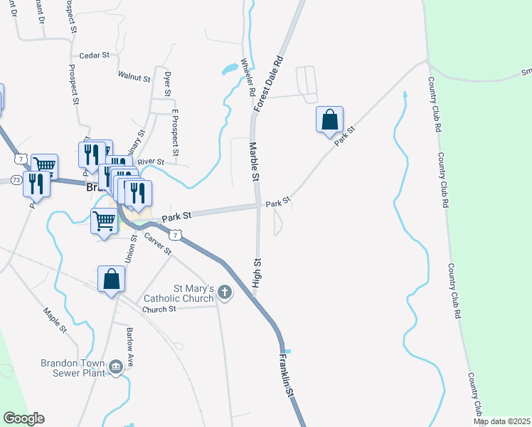 map of restaurants, bars, coffee shops, grocery stores, and more near 75 Park Street in Brandon