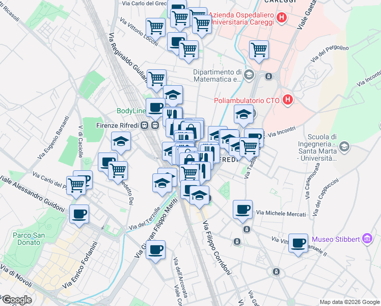map of restaurants, bars, coffee shops, grocery stores, and more near 72 Via Reginaldo Giuliani in Firenze
