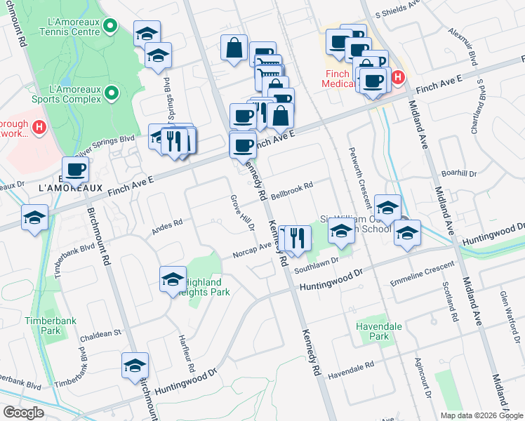 map of restaurants, bars, coffee shops, grocery stores, and more near in Toronto