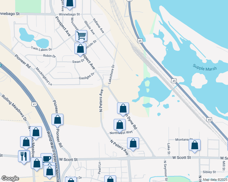 map of restaurants, bars, coffee shops, grocery stores, and more near 44 Van Dyne Road in North Fond du Lac