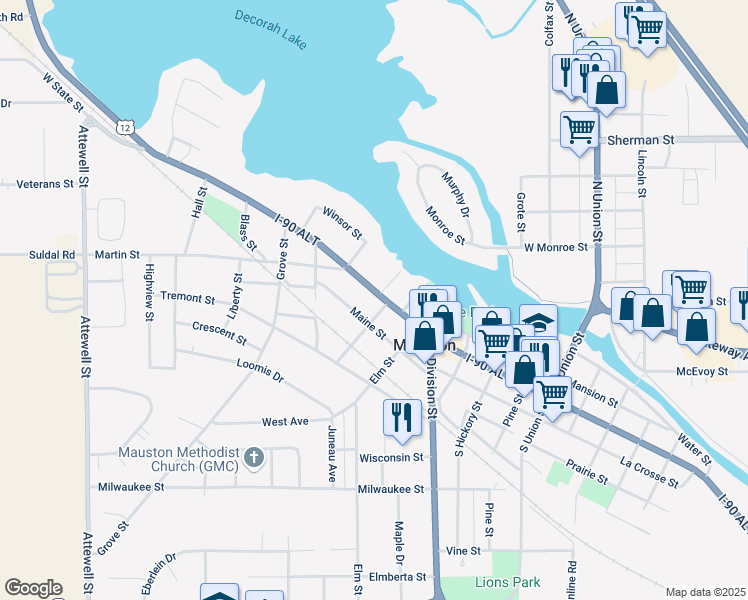 map of restaurants, bars, coffee shops, grocery stores, and more near 308 Wisconsin 16 in Mauston