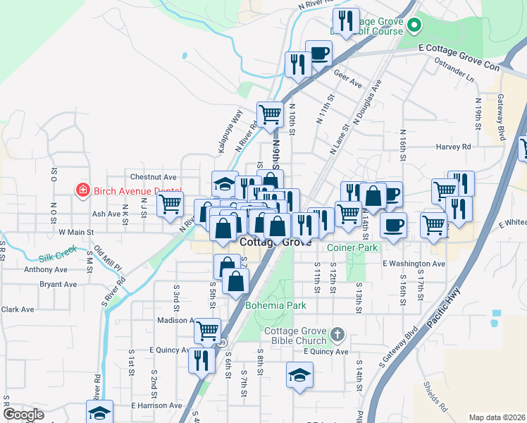 map of restaurants, bars, coffee shops, grocery stores, and more near 136 North 8th Street in Cottage Grove