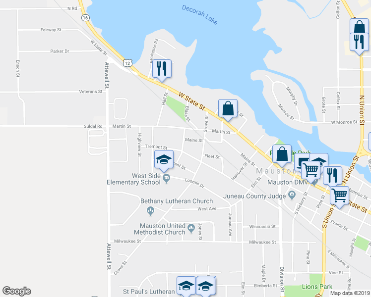 map of restaurants, bars, coffee shops, grocery stores, and more near 631 Tremont Street in Mauston