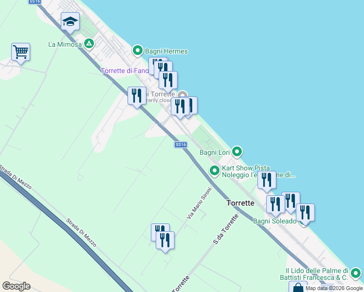 map of restaurants, bars, coffee shops, grocery stores, and more near 301 Strada Nazionale Adriatica Sud in Marotta