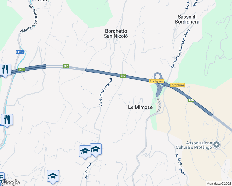 map of restaurants, bars, coffee shops, grocery stores, and more near 279 Via Pasteur in Bordighera