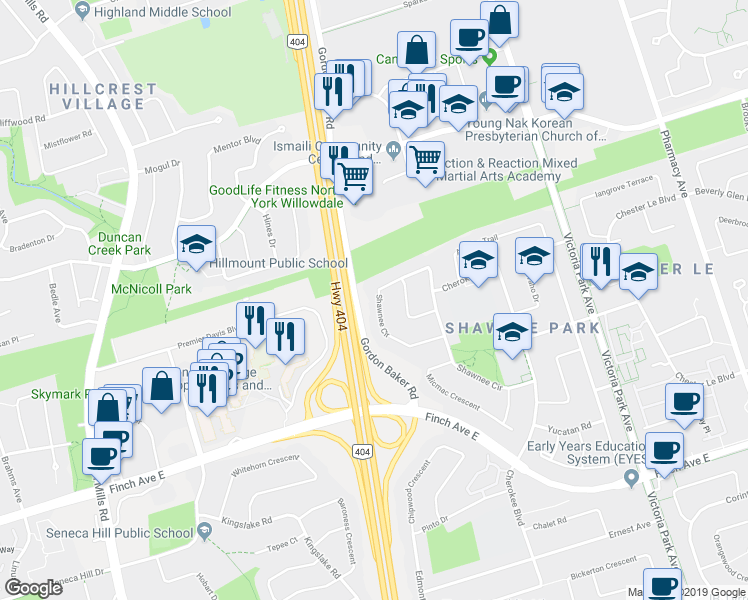 map of restaurants, bars, coffee shops, grocery stores, and more near 211 Shawnee Circle in Toronto