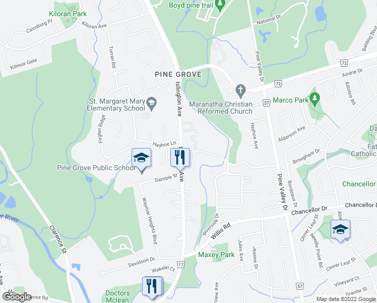 map of restaurants, bars, coffee shops, grocery stores, and more near 8403 Islington Avenue in Vaughan