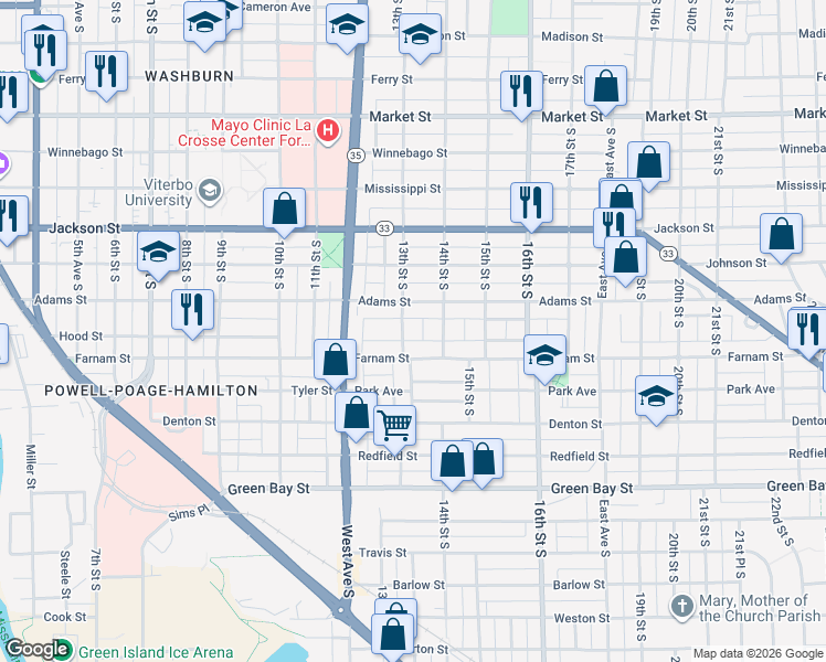 map of restaurants, bars, coffee shops, grocery stores, and more near 1231 13th Street South in La Crosse