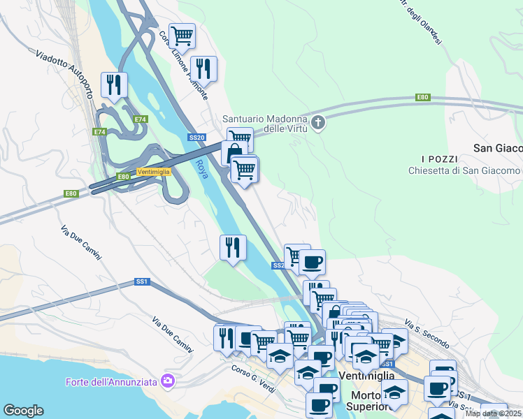 map of restaurants, bars, coffee shops, grocery stores, and more near 630 Via Tenda in Ventimiglia