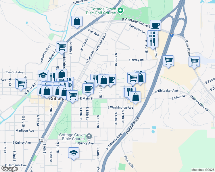 map of restaurants, bars, coffee shops, grocery stores, and more near in Cottage Grove