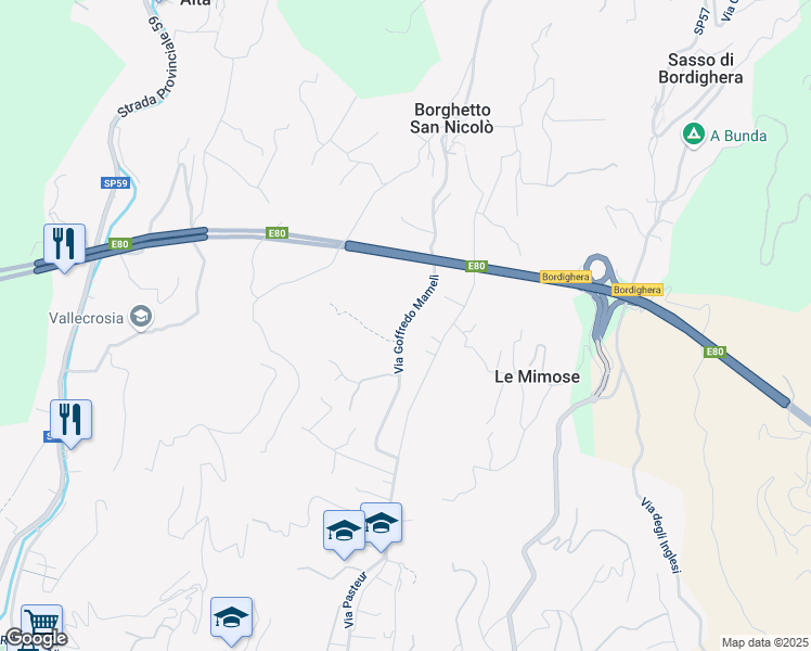 map of restaurants, bars, coffee shops, grocery stores, and more near 46 Via Goffredo Mameli in Bordighera