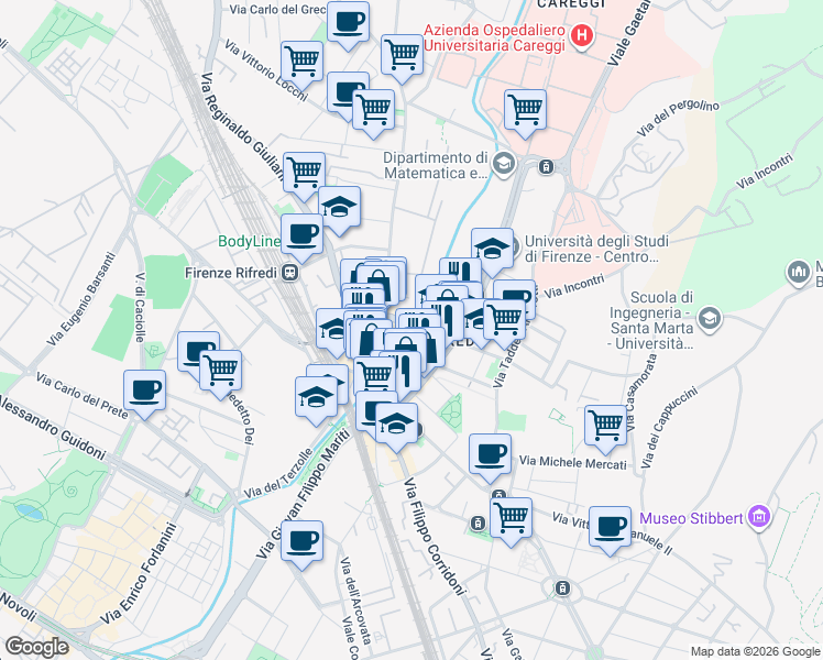 map of restaurants, bars, coffee shops, grocery stores, and more near 12 Via di Santo Stefano in Pane in Florence