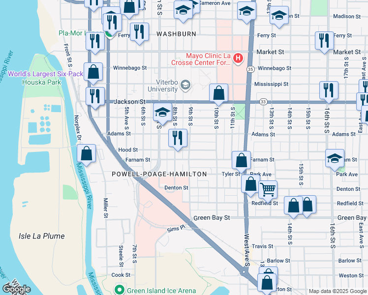 map of restaurants, bars, coffee shops, grocery stores, and more near 817 Hood Street in La Crosse