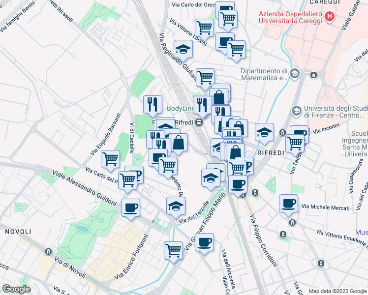 map of restaurants, bars, coffee shops, grocery stores, and more near 43 Via dei Caboto in Firenze