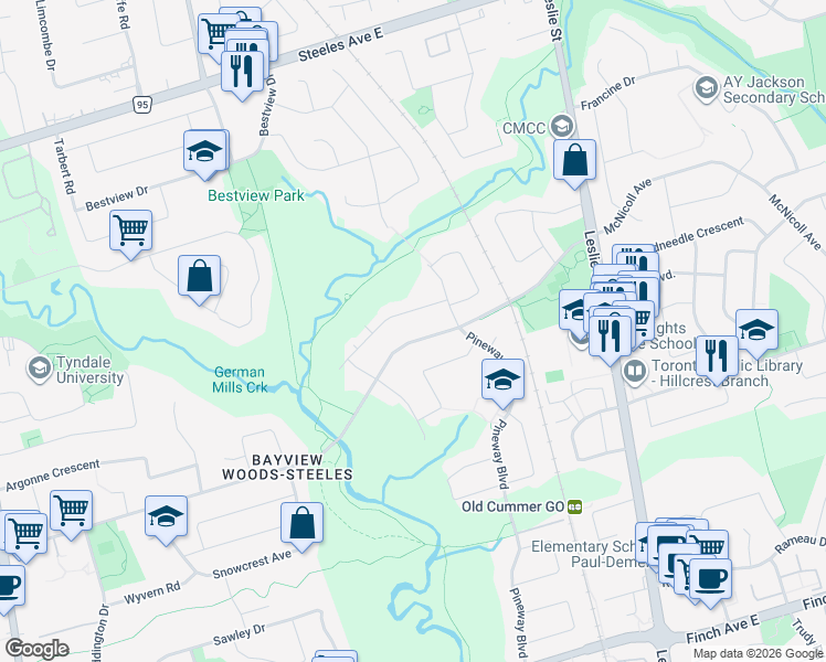 map of restaurants, bars, coffee shops, grocery stores, and more near 782 Cummer Avenue in Toronto