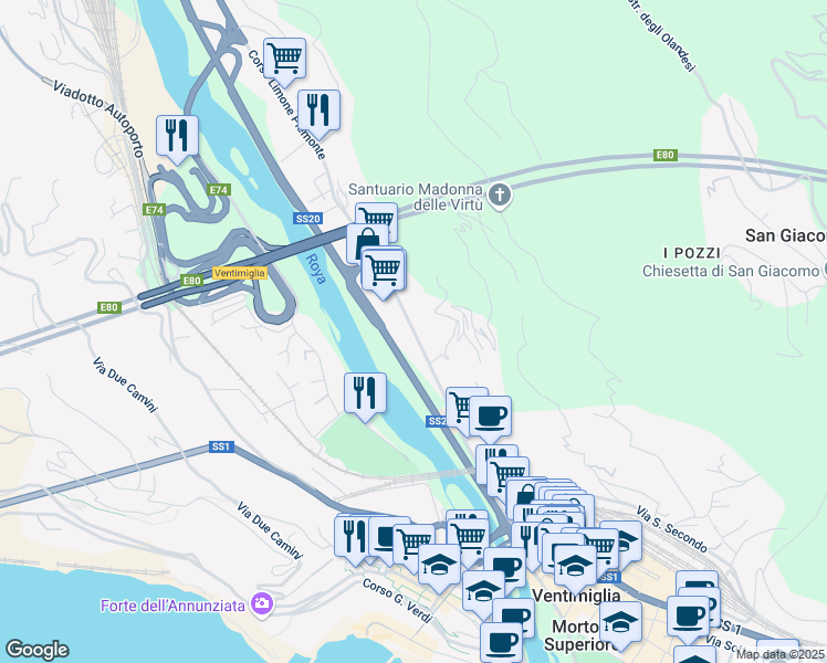 map of restaurants, bars, coffee shops, grocery stores, and more near 630 Via Tenda in Ventimiglia