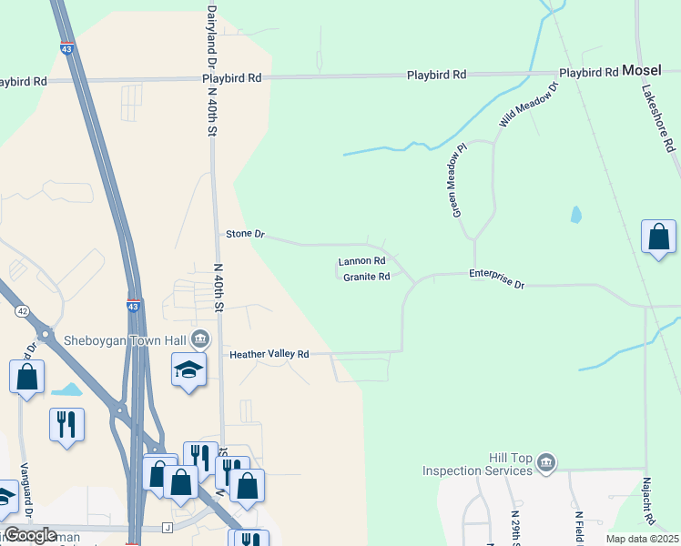 map of restaurants, bars, coffee shops, grocery stores, and more near 3651 Lannon Road in Sheboygan