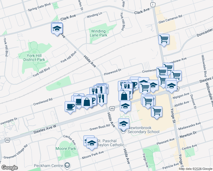 map of restaurants, bars, coffee shops, grocery stores, and more near 85 Crestwood Road in Vaughan