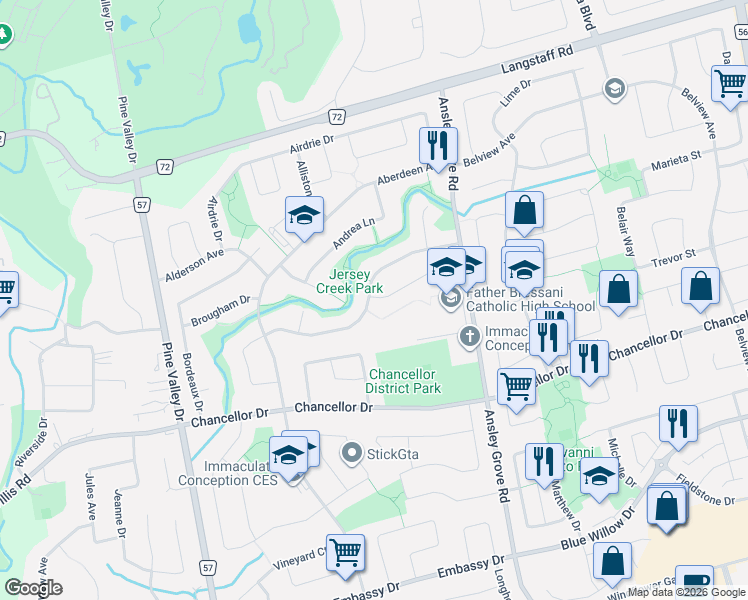 map of restaurants, bars, coffee shops, grocery stores, and more near 157 Misty Meadow Drive in Vaughan