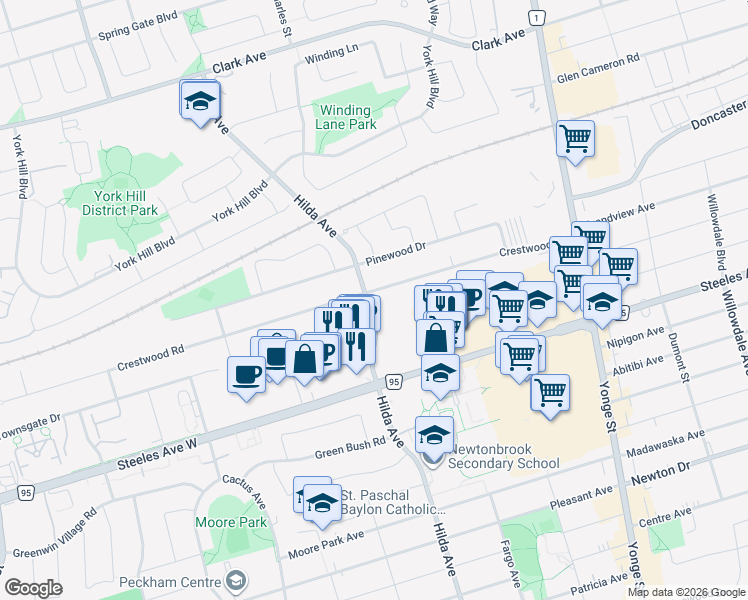 map of restaurants, bars, coffee shops, grocery stores, and more near 85 Crestwood Road in Vaughan