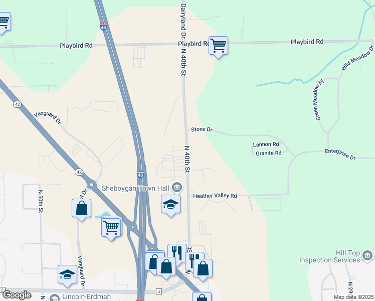 map of restaurants, bars, coffee shops, grocery stores, and more near 4908 North 40th Street in Sheboygan