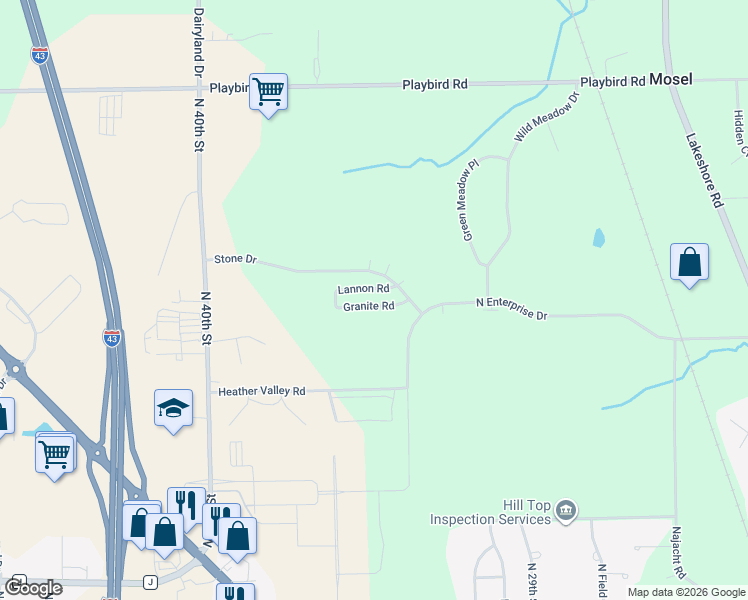 map of restaurants, bars, coffee shops, grocery stores, and more near 3540 Granite Road in Sheboygan