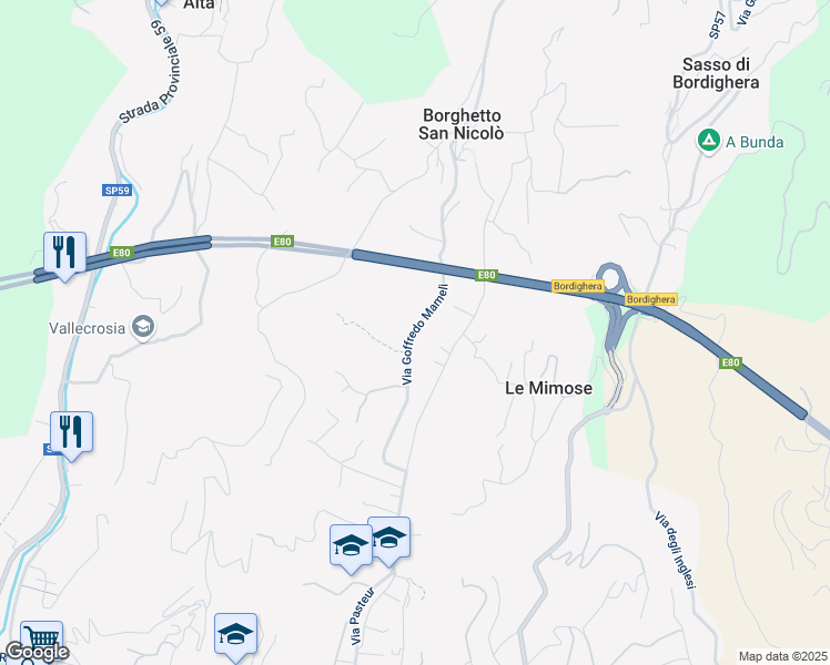 map of restaurants, bars, coffee shops, grocery stores, and more near 46 Via Goffredo Mameli in Bordighera