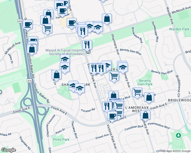 map of restaurants, bars, coffee shops, grocery stores, and more near 3453 Victoria Park Avenue in Toronto