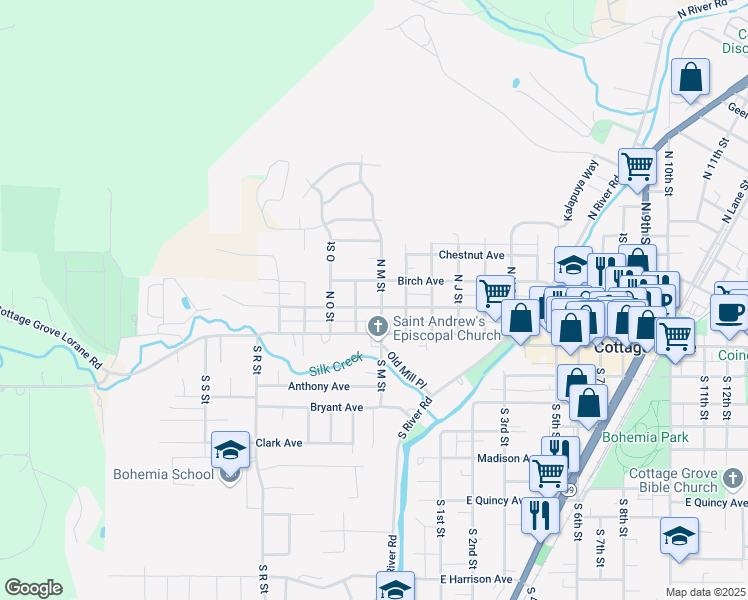 map of restaurants, bars, coffee shops, grocery stores, and more near 1308 Ash Avenue in Cottage Grove