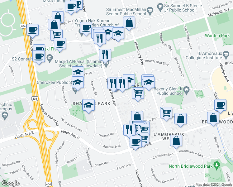 map of restaurants, bars, coffee shops, grocery stores, and more near in Toronto