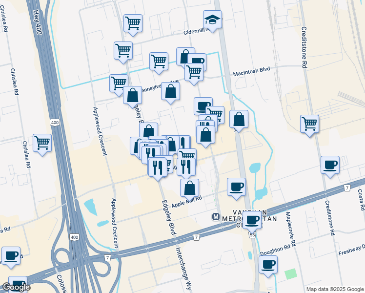 map of restaurants, bars, coffee shops, grocery stores, and more near in Vaughan