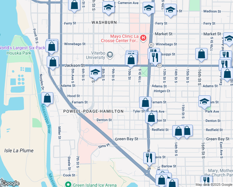 map of restaurants, bars, coffee shops, grocery stores, and more near 927 Hood Street in La Crosse