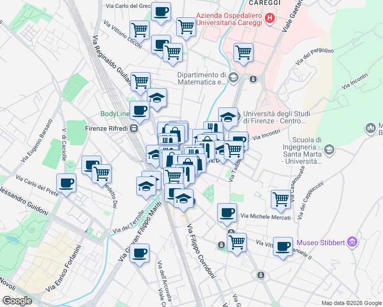 map of restaurants, bars, coffee shops, grocery stores, and more near 12 Via di Santo Stefano in Pane in Florence