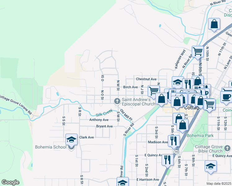 map of restaurants, bars, coffee shops, grocery stores, and more near 1308 Ash Avenue in Cottage Grove
