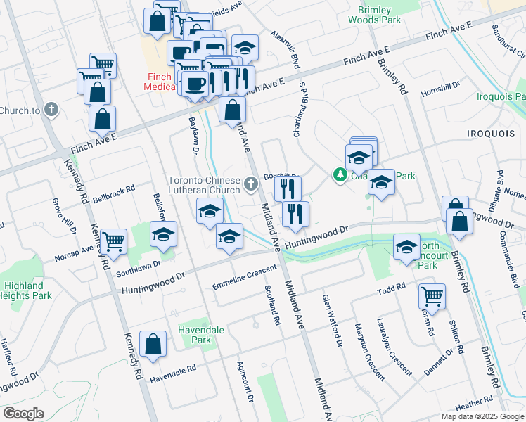 map of restaurants, bars, coffee shops, grocery stores, and more near 2800 Midland Avenue in Toronto