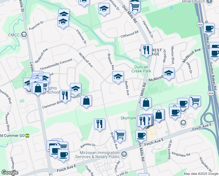 map of restaurants, bars, coffee shops, grocery stores, and more near Queen Magdalene Place in Toronto