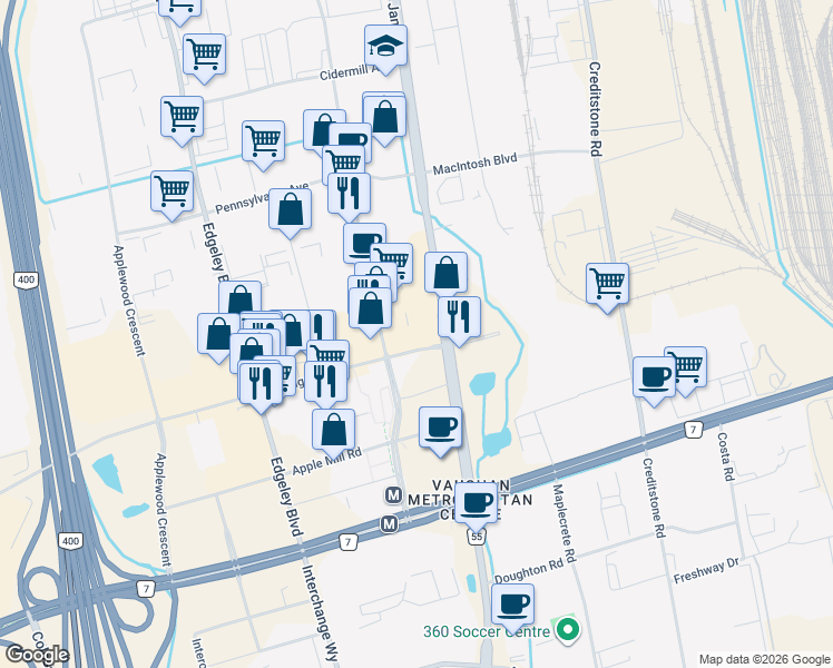 map of restaurants, bars, coffee shops, grocery stores, and more near 201 Millway Avenue in Vaughan