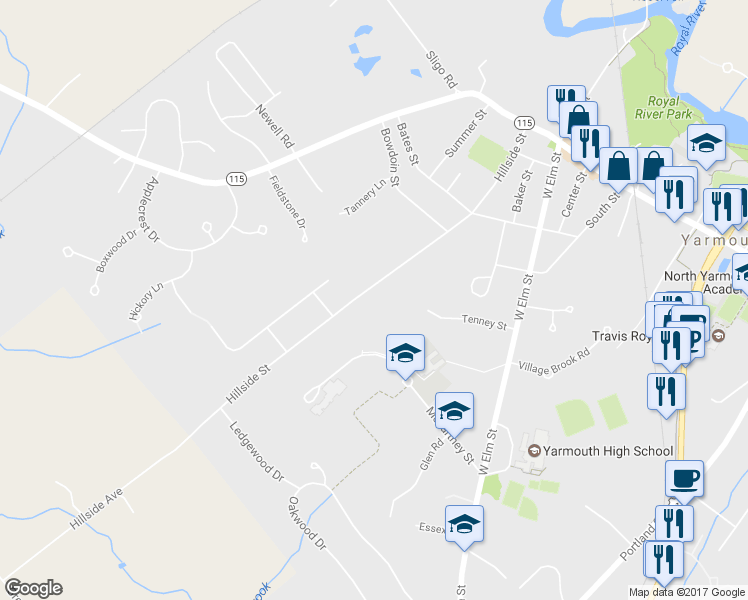 map of restaurants, bars, coffee shops, grocery stores, and more near 222 Hillside Street in Yarmouth