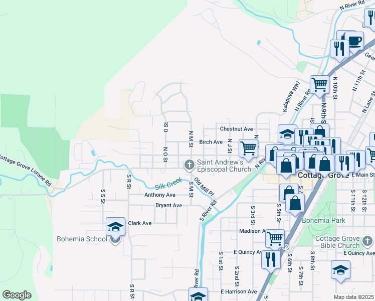 map of restaurants, bars, coffee shops, grocery stores, and more near 1308 Ash Avenue in Cottage Grove
