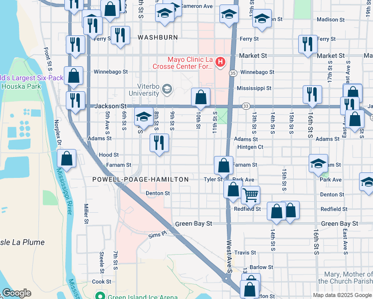 map of restaurants, bars, coffee shops, grocery stores, and more near 927 Hood Street in La Crosse